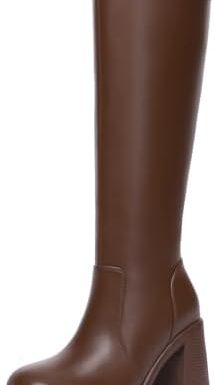 Athlefit Black Knee High Boots for Women Platform Tall Boots Fashion Square Toe Chunky Heeled Booties
