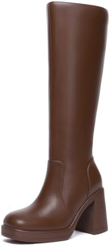 Athlefit Black Knee High Boots for Women Platform Tall Boots Fashion Square Toe Chunky Heeled Booties