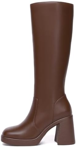Athlefit Black Knee High Boots for Women Platform Tall Boots Fashion Square Toe Chunky Heeled Booties - Image 2