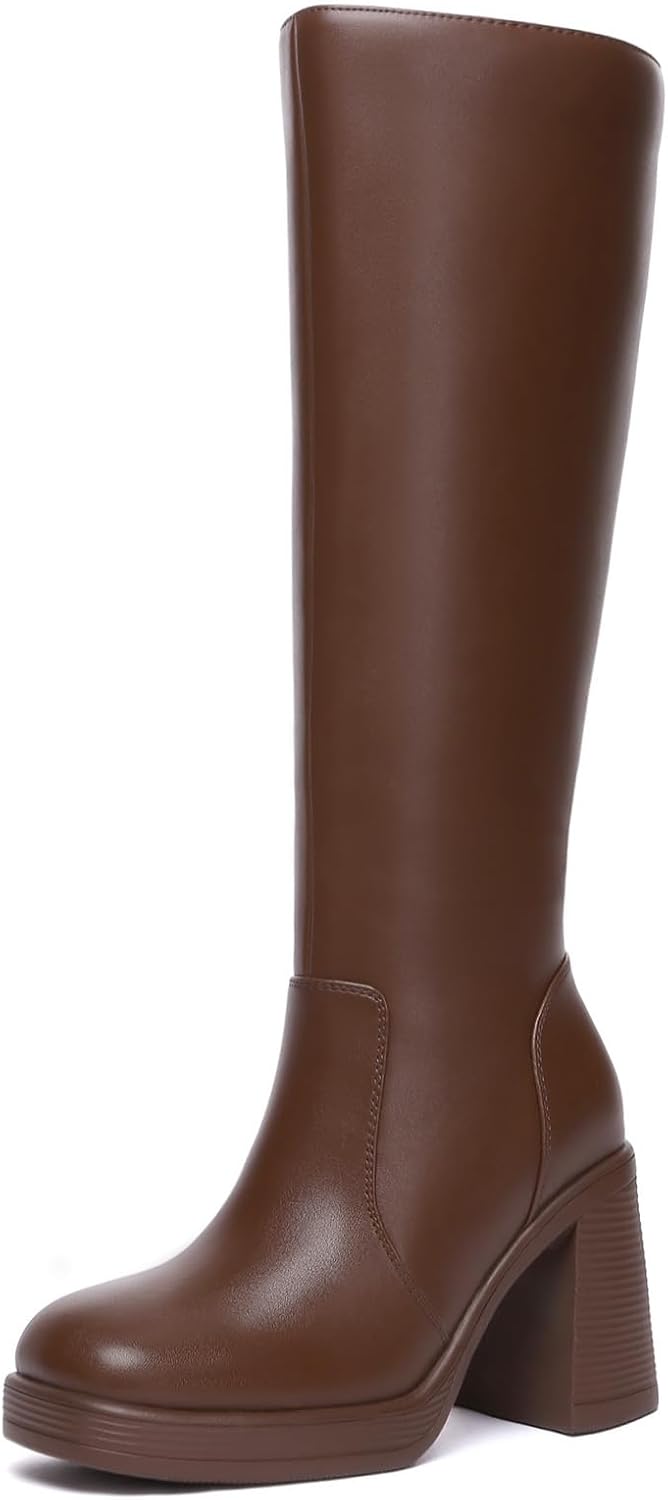 Athlefit Black Knee High Boots for Women Platform Tall Boots Fashion Square Toe Chunky Heeled Booties - Image 9